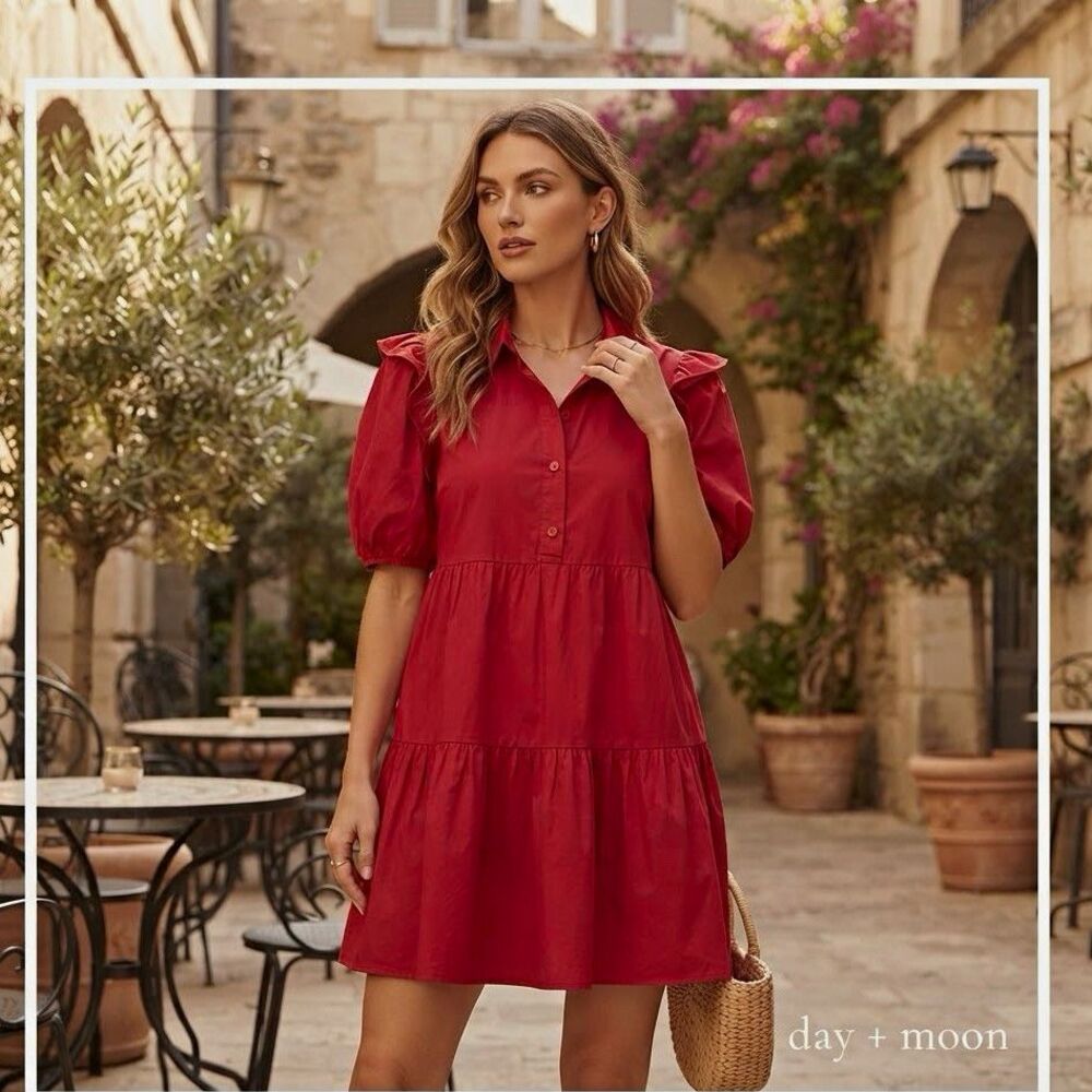 day + moon Womens S Red Collared Puff Sleeve Button Front Shift Dress Pockets